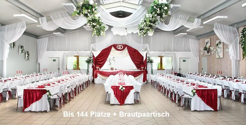 Bestuhlungsplan der Eventhalle Partyland für 144 Plätze + Brautpaartisch