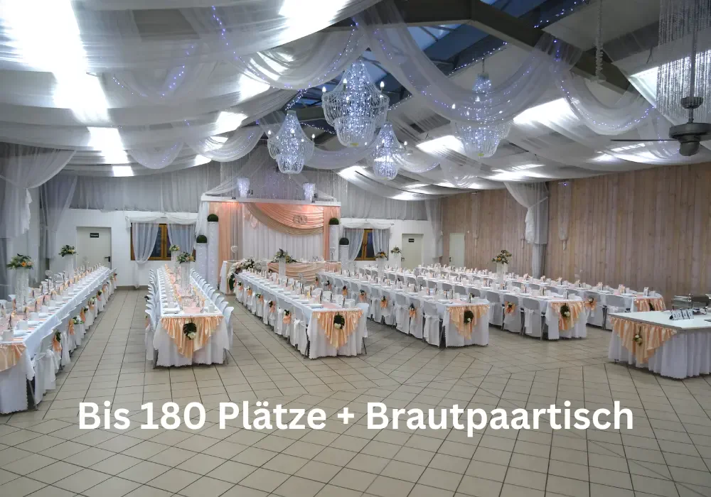 Bestuhlungsplan der Eventhalle Partyland für 180 Plätze + Brautpaartisch